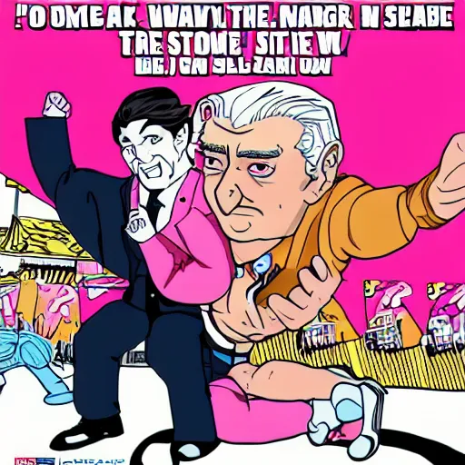 Prompt: george soros wrestling with pink guy played by george miller anime stlye