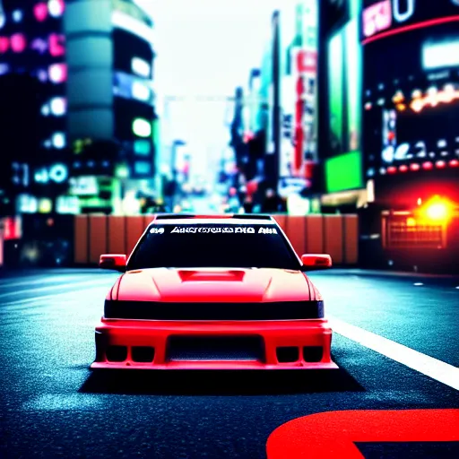 Image similar to a car drifting JZX100 in middle of road, shibuya prefecture, city sunset, cinematic color, photorealistic, highly detailed, bokeh, DOF, octane render