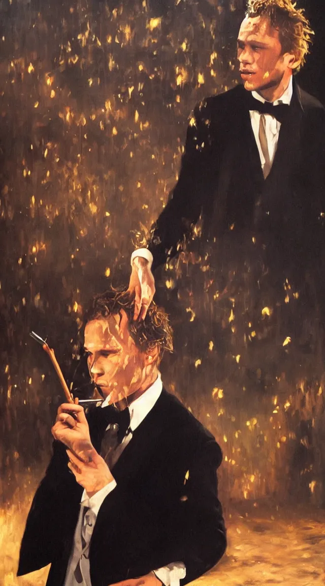 Prompt: Heath Ledger smoking a cigarette back alley of prom, well lit, masterpiece virtuosic painting, high quality, visual, sharp, backlit, gorgeous lighting