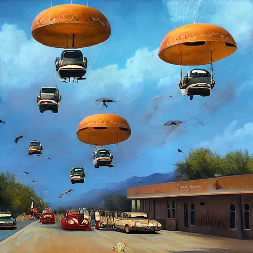 Prompt: restored vintage cars float through the air above the street in a small southwestern american town, art by alejandro burdisio