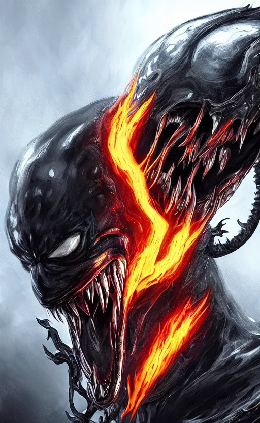 Image similar to venom as ghost rider, dynamic lighting, photorealistic fantasy concept art, trending on art station, stunning visuals, terrifying, creative, cinematic