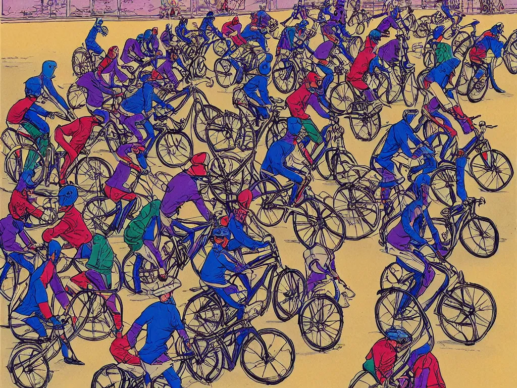 Prompt: masked riders on very large bicycles playing bike polo, sport, in style of moebius, by jean giraud, highly detailed, harsh daylight, colorful