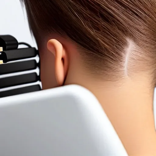 Image similar to usb cable plugged in, back of head, woman, computer, hair clip