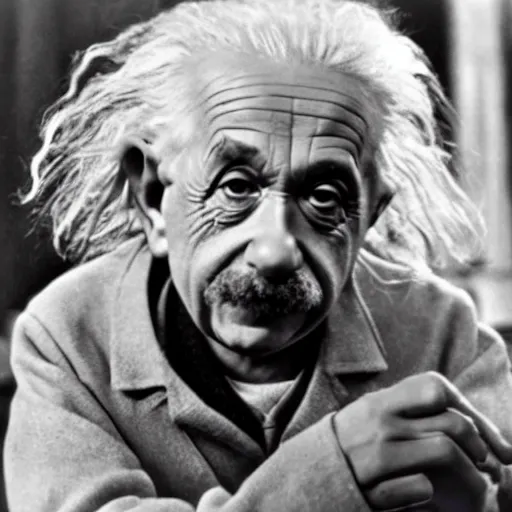 Image similar to Albert Einstein as Yoda thinking about the theory of relativity. Star Wars movie frame.