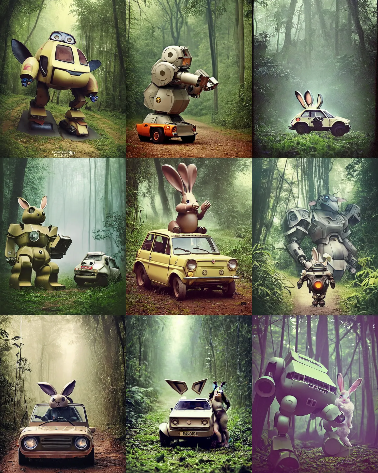 Prompt: epic chase!!!giant oversized battle rabbit robot chubby fat mech with big ears as battle mecha rabbit robot fiat 126p with long ears , in jungle forest !!! , full body , Cinematic focus, Polaroid photo, vintage , neutral dull colors, foggy mist ,by oleg oprisco , by victor enrich , by gregory crewdson , by discovery channel