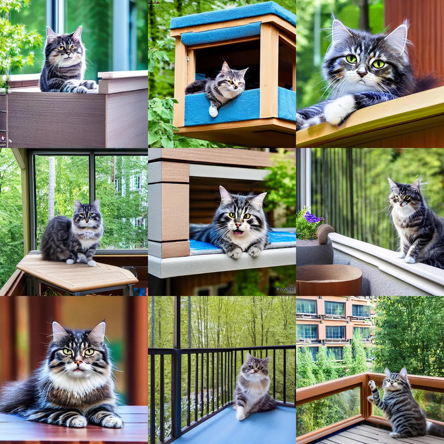 Prompt: catproof balcony situated inside courtyard garden, wooden furniture, scratching post, sunny, 5 th floor, blue siberian forest cat, catnet, photography, hyperrealistic, 8 k hd