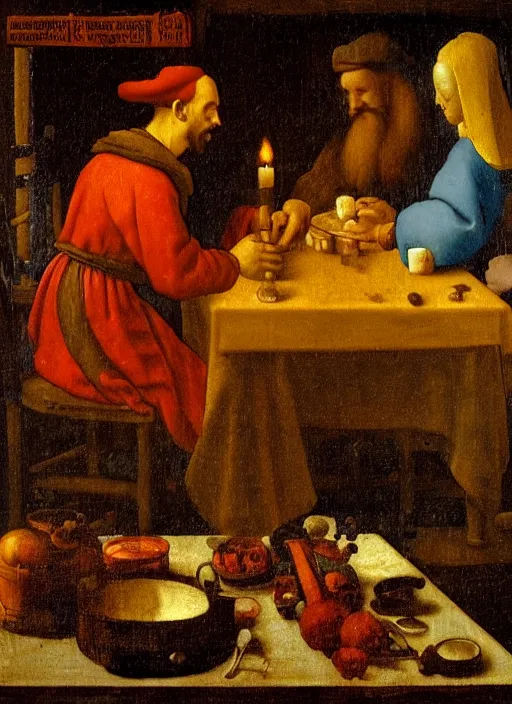 Image similar to a candlelit table at the inn, mario and luigi sitting at the table, swirling smoke, dark smoke, realistic, in the style of leonardo da vinci, dutch golden age, amsterdam, medieval painting by jan van eyck, johannes vermeer, florence