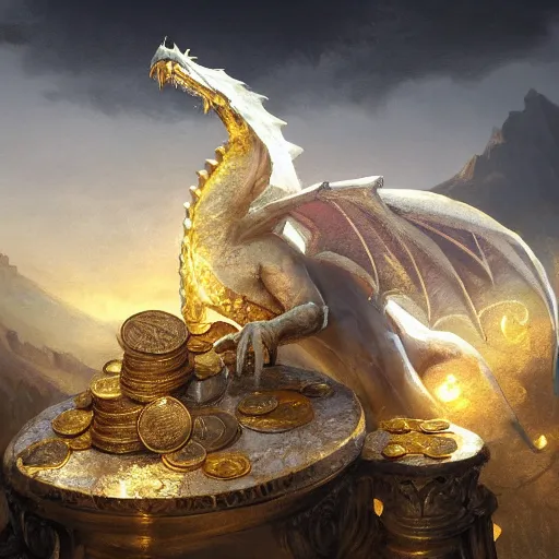 Image similar to concept art of a white scaled dragon laying on a mountain of golden coins and precious jewels inside a castle, medieval, jewels, gold, painting by wlop, nixeu and greg rutkowski, beautiful, semirealism, artstation, octane render, sharpness, 8 k, golden ratio