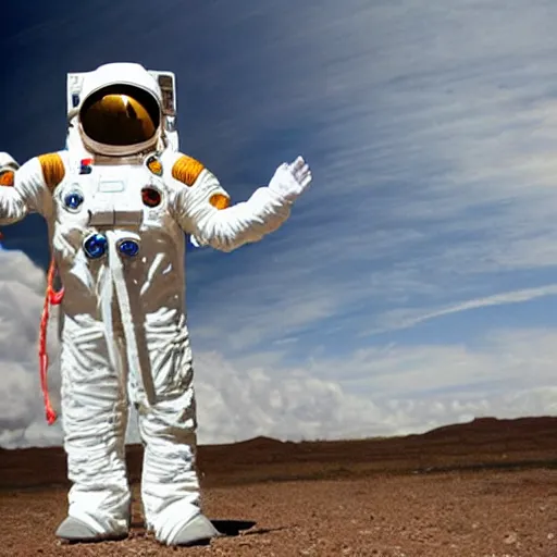 Prompt: a cowboy standing in front of his spaceship and wearing a spacesuit designed by NASA
