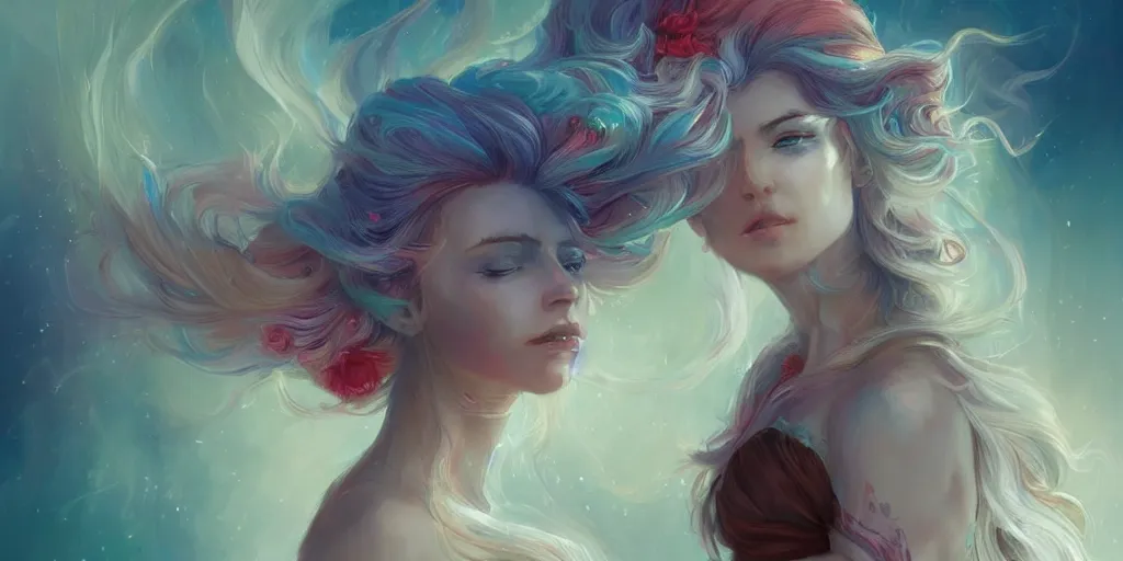 Prompt: a colorful and provenance portrait painting of a fantasy female with floral wings, detailed, highly detailed, hair made of hair made of air wind and curling smoke, mist, dust, genie, spirit fantasy concept art ， art by charlie bowater and by aenami, trending on artstation.