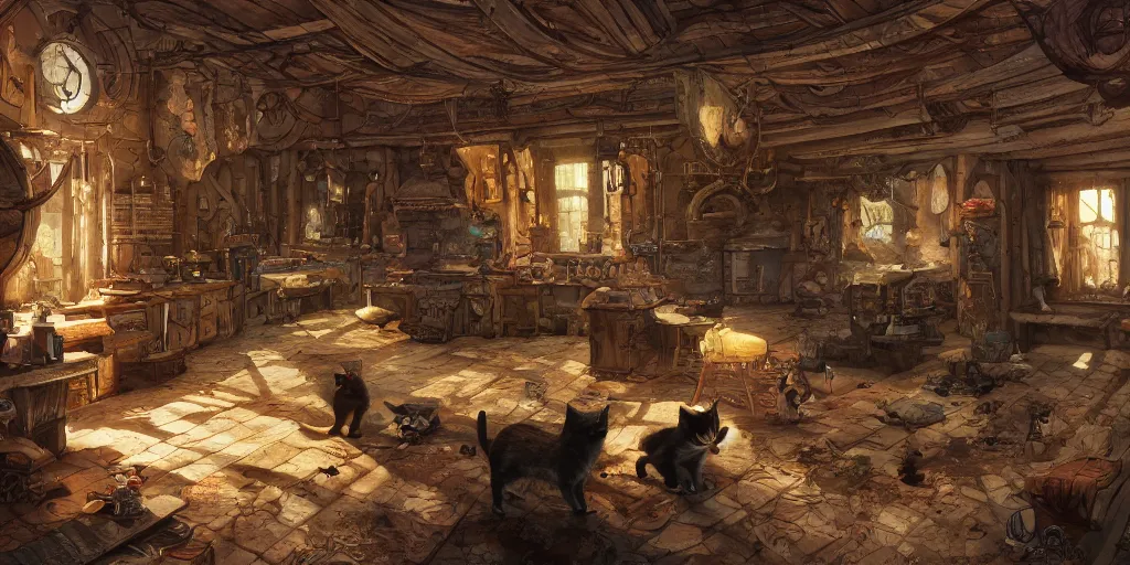 Image similar to cats living in a cat house interior overview mapa design, Moebius, Greg Rutkowski, Zabrocki, Karlkka, Jayison Devadas, Phuoc Quan, trending on Artstation, 8K, ultra wide angle, pincushion lens effect.