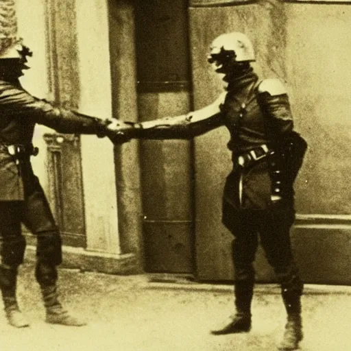 Image similar to grainy 1800s photo of a cybernetic soldier in a city shaking hands with a human