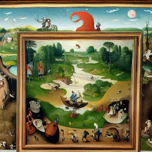 Prompt: An intricate, extremely detailed painting in a style of Hieronim Bosch featuring a river in Europe, surrounded by trees and fields. A dinghy is slowly moving through the water. Sun is shining.