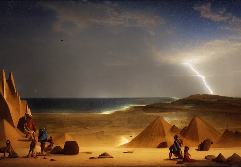 Prompt: Piramids of sand, refracted sparkles, thunderstorm, greek pool, beach and desert on the background major arcana sky, by paul delaroche, hyperrealistic 4k uhd, award-winning, very very very detailed