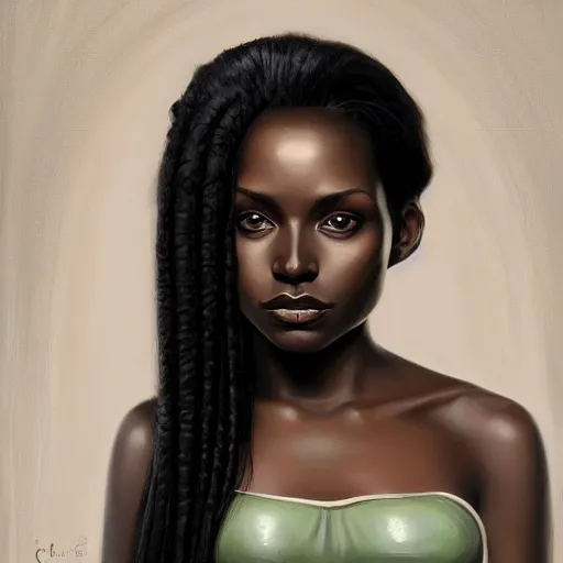 Image similar to a detailed matte oil on canvas head on symmetrical portrait of black skinned woman with long white and ( ( ( pale greenish ) ) ) hair, clothed by charlie bowater, lise deharme, wlop, trending on artstationhd, dungeons and dragons art critical role