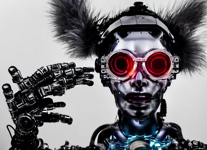 Prompt: portrait of robot cybernetic wolf with cyberpunk glasses, reflective lens, caustics, bokeh, dust, mechanical parts, neon wires, dark fur, closeup portrait, editorial photography, award winning, establishing shot, dark mood, dark sci fi
