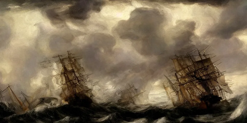 Prompt: kraken!!!!!!!!!!!!! tentacles!!!!!!!!!!! stormy sea!!!!!!! steamship boat dramatic clouds painting turner rembrandt
