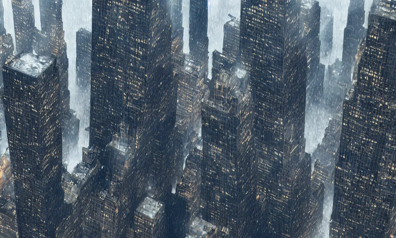 Prompt: trending on deviantart work with skyscrapers in new York with rain, volumetric lighting, raytracing, octane render, puddles, 8k, uhd, dark, reflections