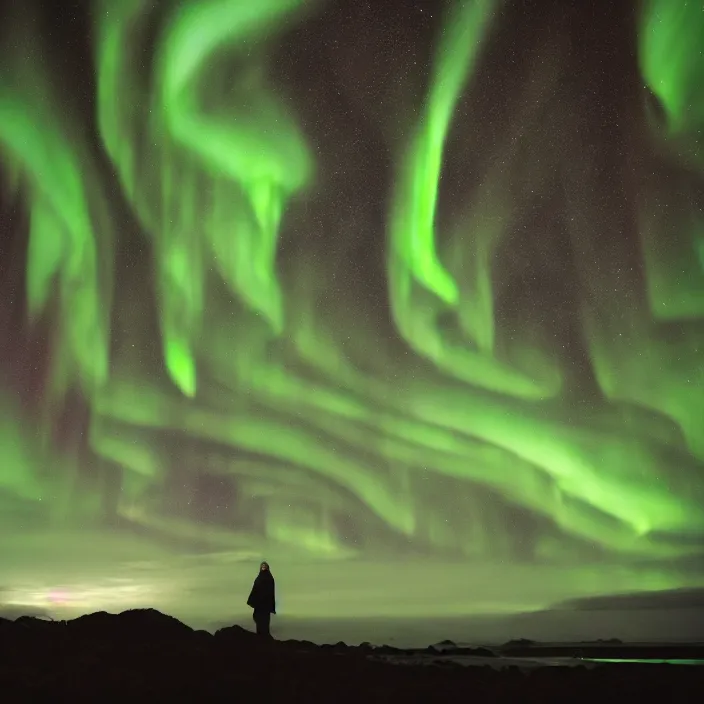 Prompt: closeup portrait of a woman wrapped in plastic, standing in stewart island in new zealand, aurora australis southern lights in background, color photograph, by vincent desiderio, canon eos c 3 0 0, ƒ 1. 8, 3 5 mm, 8 k, medium - format print