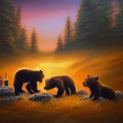 Prompt: a very very beautiful artwork of three bear cubs camping in a tent in the wood, sunset, vivid colors, soft lighting, atmospheric, cinematic, moody, trending on artstation, oil on canvas, 8K