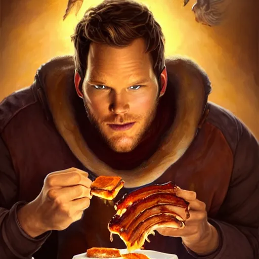 Prompt: Chris Pratt Eating BBQ Ribs, dripping BBQ Sauce, D&D, fantasy, intricate, elegant, highly detailed, digital painting, artstation, concept art, matte, sharp focus, illustration, hearthstone, art by Artgerm and Greg Rutkowski and Alphonse Mucha