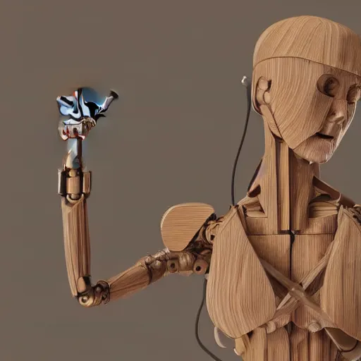 Prompt: an ultra realistic photo, of a wooden art sculpture on a base, of a cute robotic angel, cyberpunk, in a gallery, 8k octan rendering