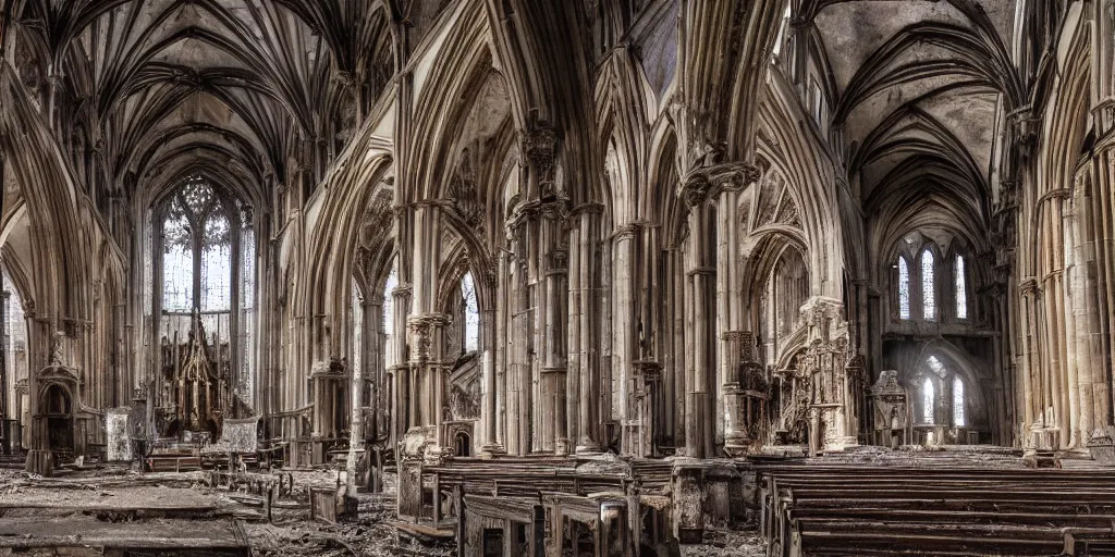 Prompt: a wide angle shot of the interior of an old and decaying cathedral, award-winning photo, 8k, extremely detailed and sharp, cinematic lighting