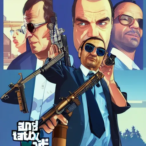 Prompt: GTA5, Cover Art, Grand Theft Auto Poster, Jacques Attali wearing blue sunglasses, elegant, highly detailed, artstation, illustration