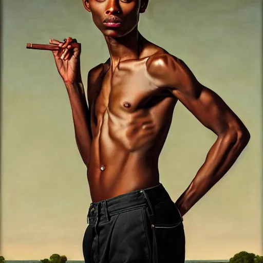 Image similar to A portrait of a skinny modern and stunning non-binary person, medium skin tone, Mexican, oil painting by Kehinde Wiley, majestic, detailed, high resolution