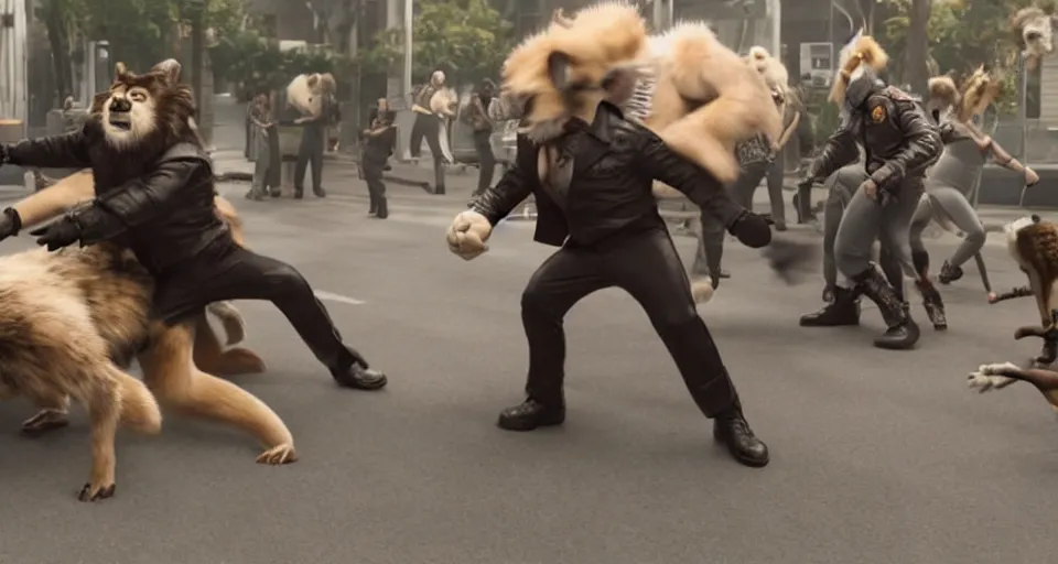 Prompt: still of nicolas cage beating up furry cosplayers, 4 k, octane render, choreographed fight scene, composition, shot by director park chan - wook