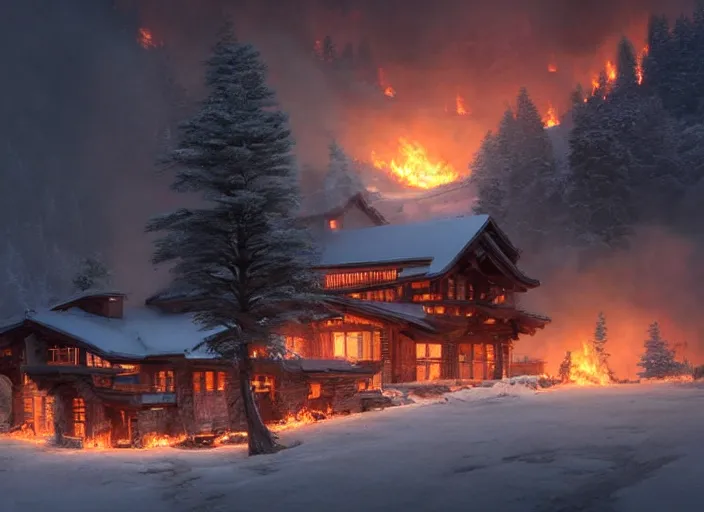 Prompt: mountain chalet covered in fire, smoke, sunrise, snow, sharp details, sharp focus, elegant, highly detailed, illustration, by Jordan Grimmer and greg rutkowski and PiNe(パイネ) and 薯子Imoko and 香川悠作 and wlop and maya takamura, intricate, beautiful, Trending artstation, pixiv, digital Art