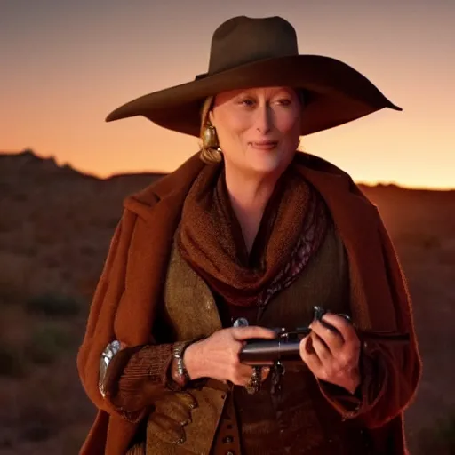 Image similar to meryl streep stars in a gunslinger spaghetti western, movie still, dramatic lighting, sunset