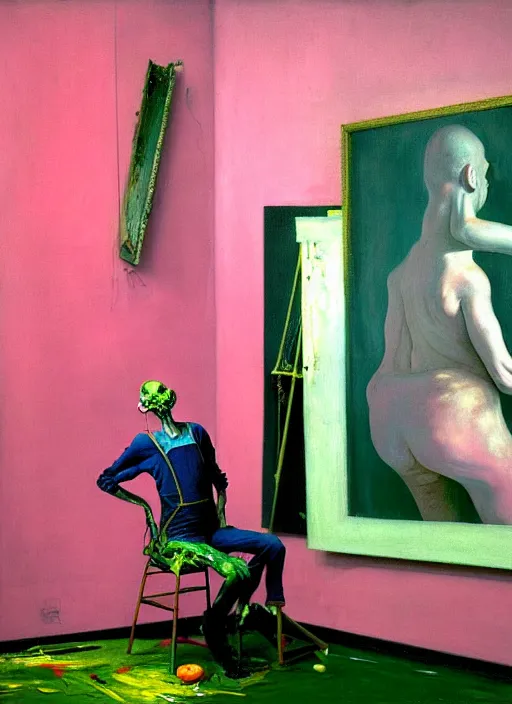 Image similar to an insane, skinny, artist wearing overalls, expressive, painting the walls inside a grand messy studio, hauntingly surreal, highly detailed painting by francis bacon, edward hopper, adrian ghenie, gerhard richter, and james jean, soft light 4 k in pink, green and blue colour palette, cinematic composition,