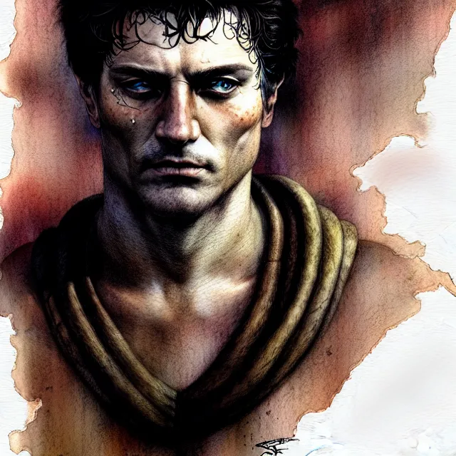 Image similar to portrait, stunningly handsome Roman Antony, super fine digital watercolour and pastels, extremely high detail, digital pen and digital ink, intricate illustration, by Dorian Cleavanger, Jim Burns, Frank Frazetta, Wendy Froud, artstation, WLOP, deviantart, Pixiv