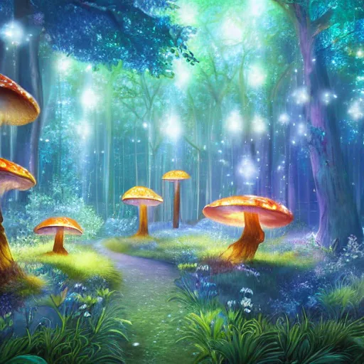 Prompt: a magical enchanted forest with a blue with a fireflies at night. in the forest there's oversized mushrooms, anime art style, detailed, 4 k