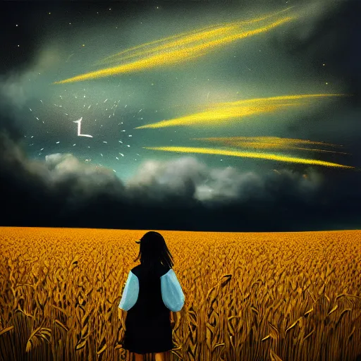 Image similar to giant black daisy flower over head, girl walking in wheat field, hills, surreal photography, dark night, star trails, dramatic light, impressionist painting, clouds, digital painting, artstation, simon stalenhag