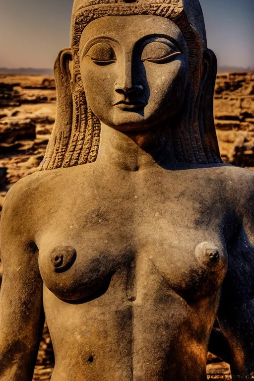 Image similar to photo of the ancient statue of extremely beautiful demon goddess from sumeria, rock art, symmetrical, cinematic, real dlsr photography, sharp focus, 4 k, ultra hd, sense of awe, archeology journal cover