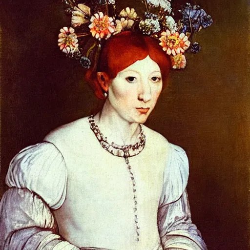 Image similar to “portrait of a redhair women with flowers over her head and a white dress, diego velazquez style, sharp focus, detailed”