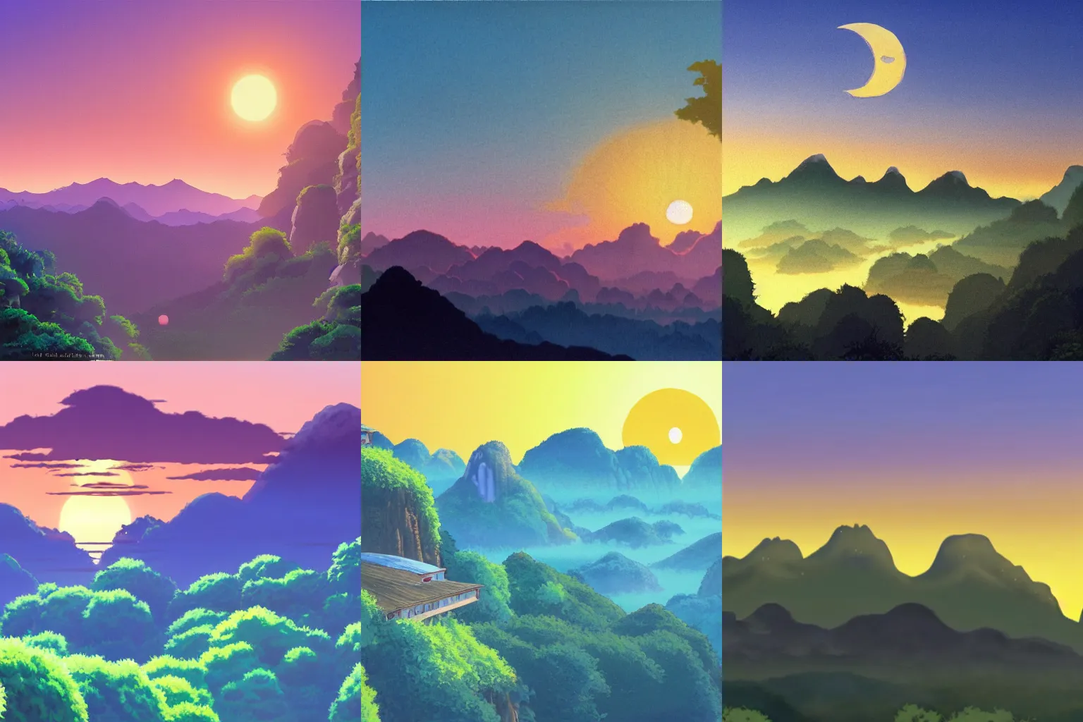 Prompt: Sun rise over the mountains, hyperrealistic, studio ghibli