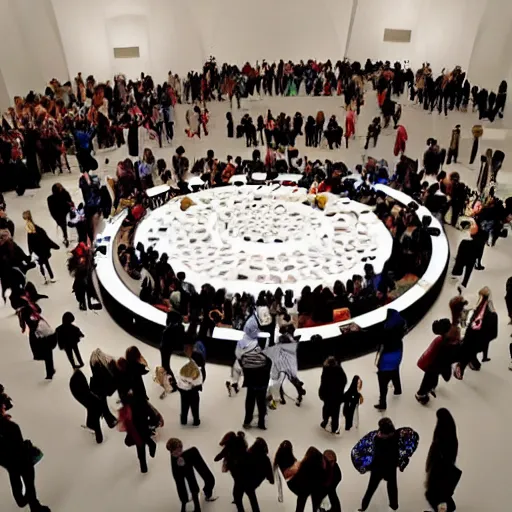 Prompt: A beautiful art installation of a group of people standing around a circular table. In the center of the table is a large, open book. The people in the art installation are looking at the book with interest and appear to be discussing its contents. Tumblr by Gareth Pugh, by Jan Pietersz Saenredam stormy