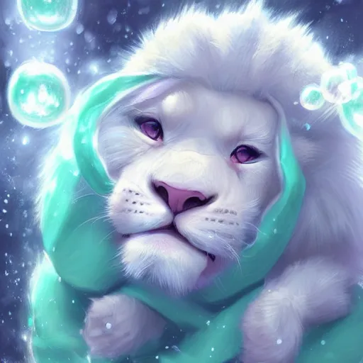 Prompt: aesthetic portrait commission of a albino male furry anthro lion cub popping floating bubbles while wearing a cute mint colored cozy soft pastel winter outfit, winter Atmosphere. Character design by charlie bowater, ross tran, artgerm, and makoto shinkai, detailed, inked, western comic book art, 2021 award winning painting