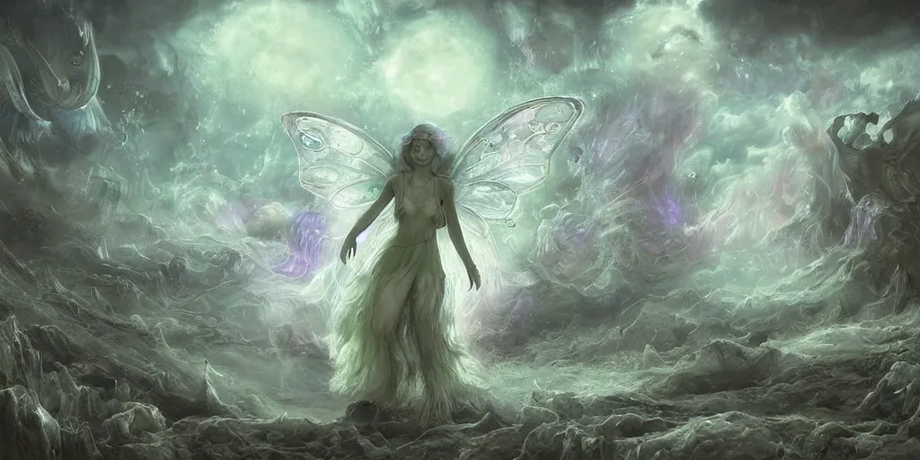 Prompt: concept art of translucent glowing fairies, lovecraftian, renaissance, melting, round moon, rich clouds, fighting the horrors of the unknown, very detailed, volumetric light, mist, fine art, decaying, textured oil over canvas, epic fantasy art, very colorful, ornate scales