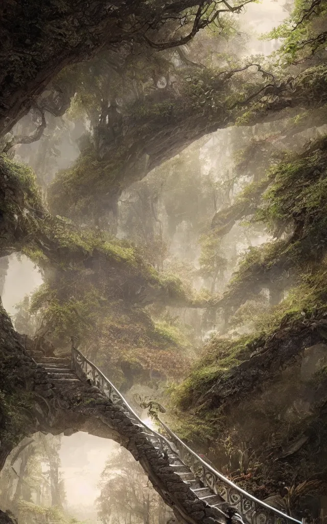 Image similar to the journey of life, each stage is a step in a stairway, detailed, 4 k, octane, a person walking up a set of stairs in the woods, a detailed matte painting by huang ding, cgsociety, fantasy art, mystical, mist