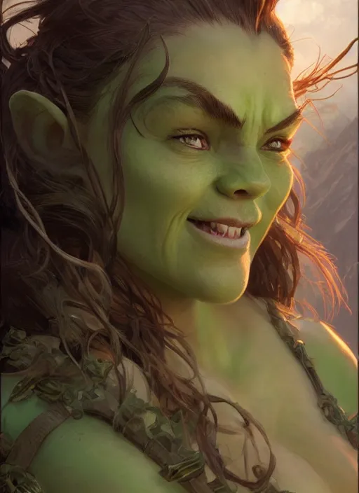 Image similar to a beautiful cute young green orc girl, D&D, fantasy, intricate, cinematic lighting, highly detailed, digital painting, artstation, concept art, smooth, sharp focus, illustration, art by Terry Moore and Greg Rutkowski and Alphonse Mucha