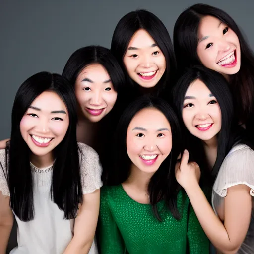 Image similar to close up studio shot of a group of beautiful young mixed Chinese Japanese women, long black hair, green eyes, laughing, photorealistic,8k, XF IQ4, 150MP, 50mm, F1.4, ISO 200, 1/160s, natural light
