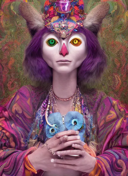 Image similar to an anthropomorphic beautiful goddess female wizard made of owl portrait holding a staff wearing colourful robe, fine art, award winning, intricate, elegant, sharp focus, octane render, hyperrealistic, cinematic lighting, highly detailed, digital painting, 8 k concept art, art by jamie hewlett and z. w. gu, masterpiece, trending on artstation, 8 k