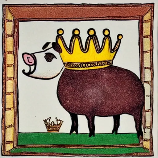 Image similar to a pig wearing a gold crown in the style of R. K. Laxman