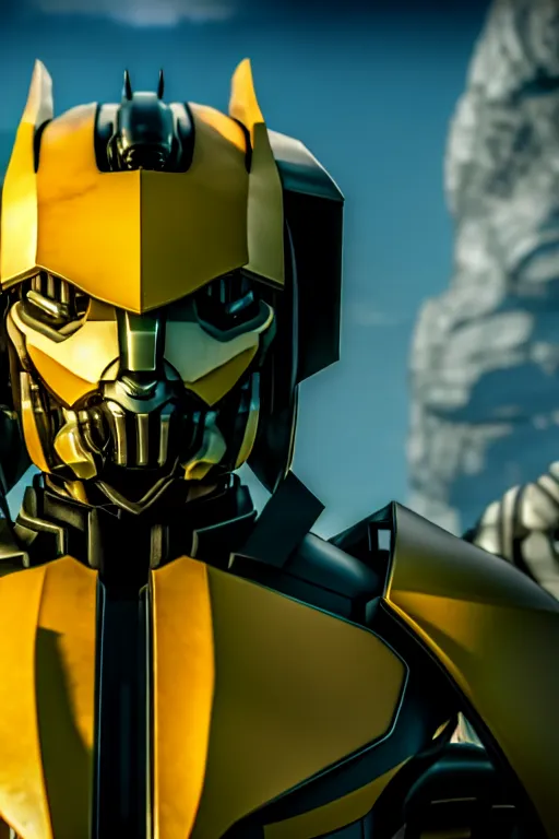 Image similar to a cinematic still from westworld, bumblebee, octane render, nvidia raytracing demo, masterpiece, aged armor plating, aggressive head,