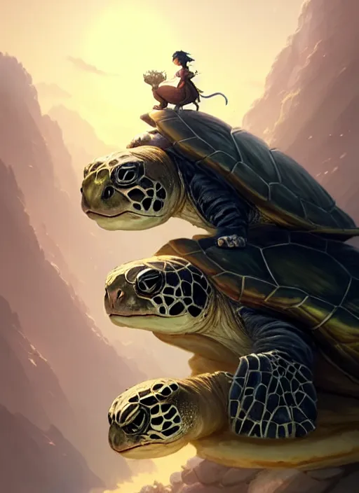 Image similar to character portrait of The tallest mountain topped by a cat riding a gigantic turtle, with another cat riding a large turtle atop the mountain. By Greg Rutkowski. cute beautiful attractive detailed. Character design by charlie bowater, ross tran, artgerm, and makoto shinkai, detailed, inked, western comic book art