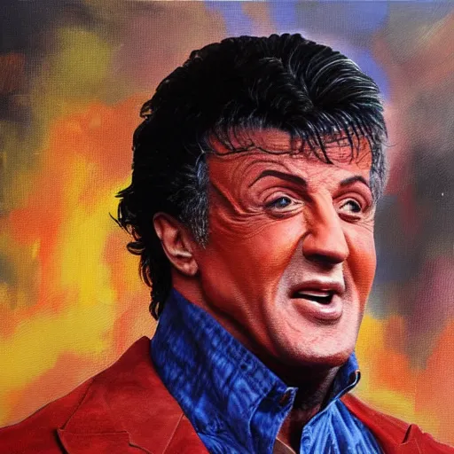 Prompt: painting of Sylvester Stallone as a locomotive, dusk, detailed